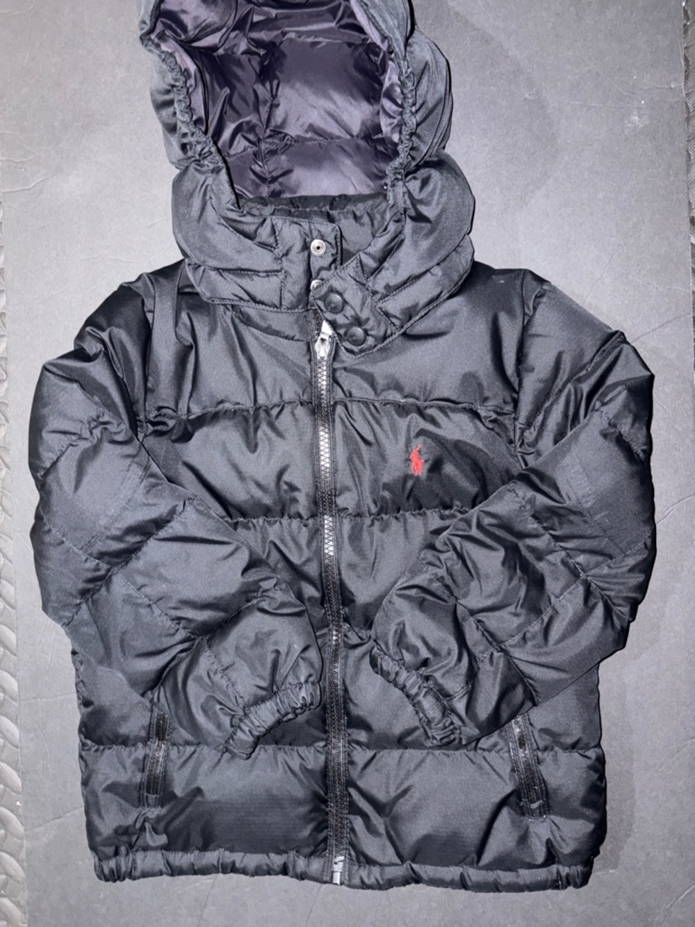 Ralph Lauren Black Hooded Puffer Jacket with Red Pony Embroidery